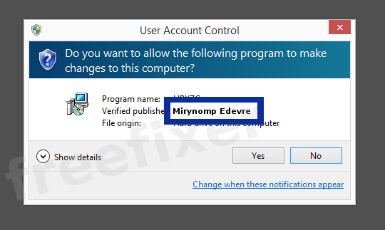 Screenshot where Mirynomp Edevre appears as the verified publisher in the UAC dialog